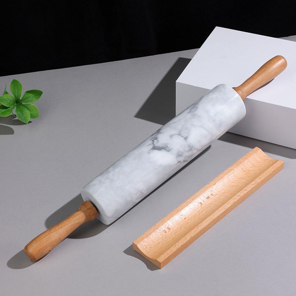 Mattarello in Marmo con Culla in Legno Manico Spesso Set per Cottura Forno, Rullo Lucido di qualità Premium 45 Cm per Impasto della Pizza, Fondente, Crosta di Torta, Superficie Antiaderente