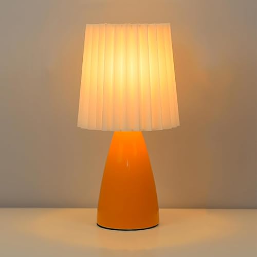 Bonita lámpara de mesa elegante, pantalla de tela plisada, base de cerámica, color de luz ajustable y brillo, alimentada por USB, exquisita luz LED