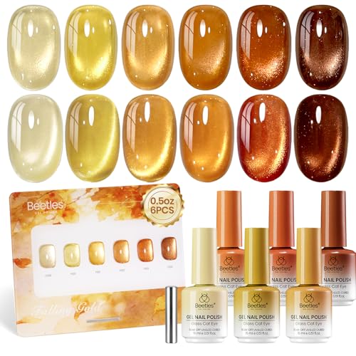 Image of Beetles Cat Eye Gel Nail Polish Set - Falling Gold 6 Colors 15ML Full Size Glitter Gel Polish Kit Gold Brown Orange Glass Cat Eye Magnetic Effect Soak Off UV Nail Art DIY Salon at Home Gift for Women