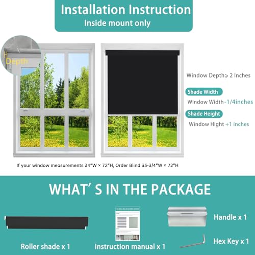 Image of Changshade Custom No Drill No Tools Blackout Roller Shades for Window, Cordless Roller Shades Thermal Insulated UV Protection Privacy, Easy Install Roller Blinds for Home Office, Classic Black