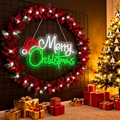 Image of Merry Christmas Home Decor Santa Hat Neon Sign Led Neon Christmas Lights Ornaments Tree Decorations Outdoor Neon Signs for Wall Decor USB Powered Led Neon Signs for Room Decoration