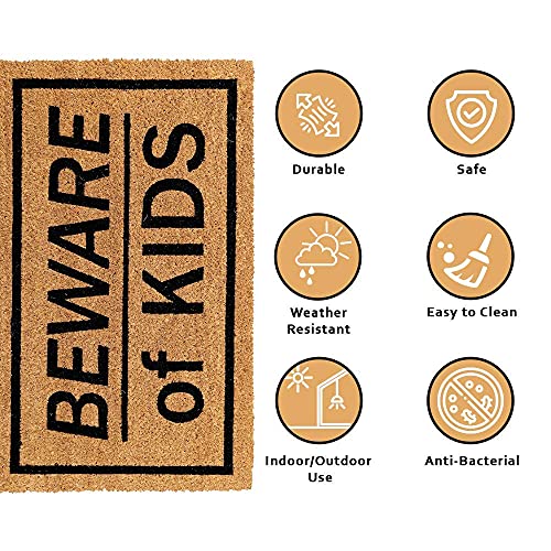 Image of Onlymat inchBeware of Kids Funny Doormat, Anti-Slip Coir with PVC Backing (75x45cm), Black /Brown - Rectangular Rug for Entryway, Outdoor, Door, Floor, Home, Hall & Living Room Use
