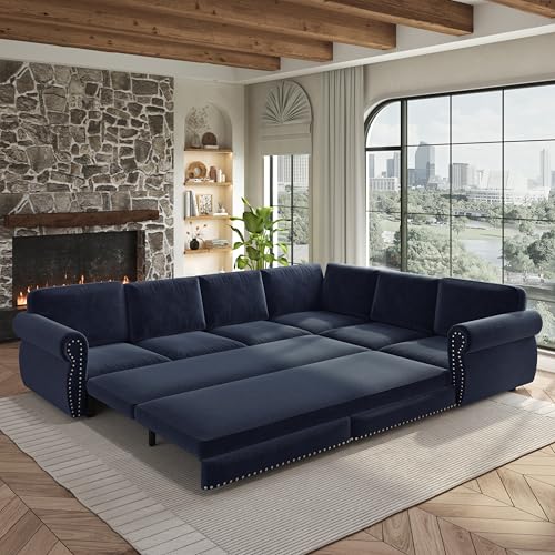 Image of KCGKCG 118 inch Sleeper Sofa Bed, Sectional Couches for Living Room /Apartment, Chenille L Shaped Couch with Pull Out Couch Bed, Convertible Sectional Sofa with Rolled Arm & Nailhead Trim, Blue