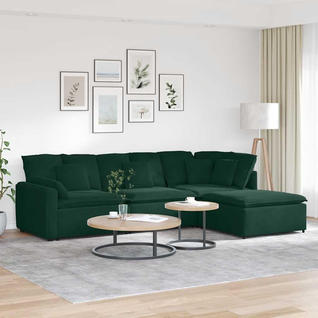 Modułowa sofa z podnóżkiem i aksamitną poduszką w kolorze ciemnozielonym, elastyczny zestaw wypoczynkowy z rozszerzeniem, sofa narożna, kanapa, element do siedzenia, narożnik do zabudowy