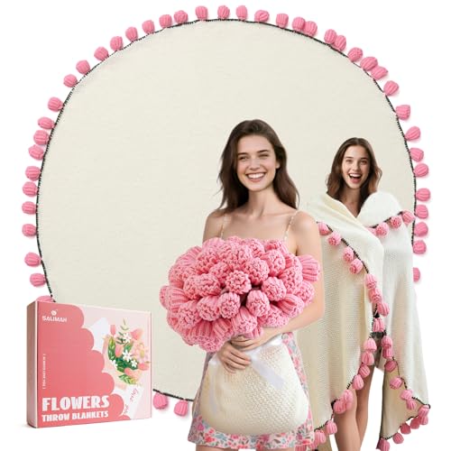 Image of Flower Bouquet Blanket, Birthday Gifts for Mom Teacher Women Grandkids Wife Girlfriend Her, Crochet Flower Blanket, Soft Knitted Throw Blankets for Teacher Appreciation Housewarming Gifts (Pink roses)