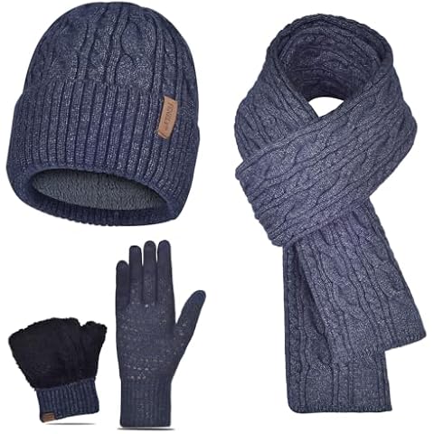 Beanie Hat Gloves Scarf Set for Men Winter Warm Knit Knitted Neck Warmer Touchscreen Glove Cap 3 in 1 Navy Thermal Fleece Wool Lined for Cold Weather Snow Cover