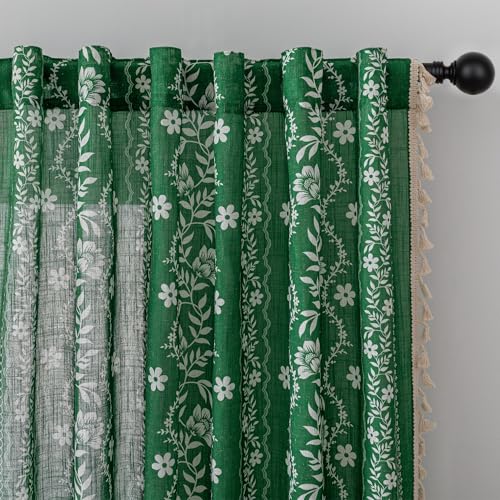 Image of MYSKY HOME Olive Green Boho Printed Curtains Linen Blend 63 Inch Length | Semi Sheer Farmhouse Vintage Bohemian Drapes for Bedroom Living Room with Tassel Rod Pocket, 2 Panels, 50 inch W x 63 inch L