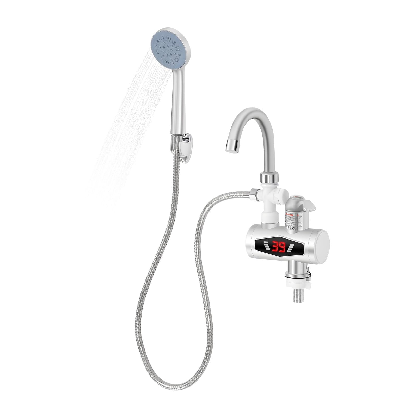 Robinet de chauffe-eau électrique, avec douche, eau chaude, pour baignoire et cuisine, pivotant à 360°, avec pommeau de douche et affichage LCD de la température, chauffe-eau instantané