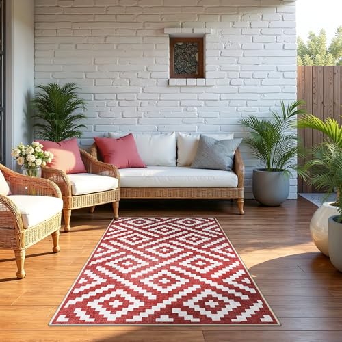 Image of GENIMO Outdoor Rug 3'x5' Waterproof for Porch, Plastic Door Mat Ruby White | Outside Modern Carpet for Patio Decor, Balcony, Deck, Backyard, Picnic, Camping, RV, Reversible, Foldable, Lightweight