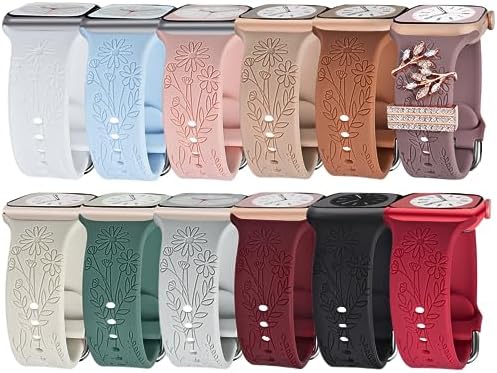 12 Pack Engraved Silicone Bands for Apple Watch Band 38mm 40mm 41mm 42mm 44mm 45mm 49mm Women, Soft Wildflowers Sport Strap Replacement with Charms for iWatch Ultra Ultra 2 SE Series 9/8/7/6/5/4/3/2/1