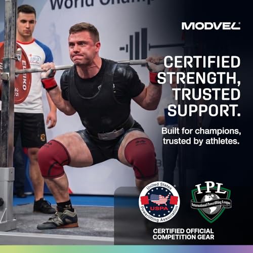 Image of Modvel 7mm Neoprene Knee Sleeves for Men & Women Weightlifting & Powerlifting - Compression Knee Sleeve Support for Squats, Gym, Training - USPA, IPL Approved - Medium Red (Pair)