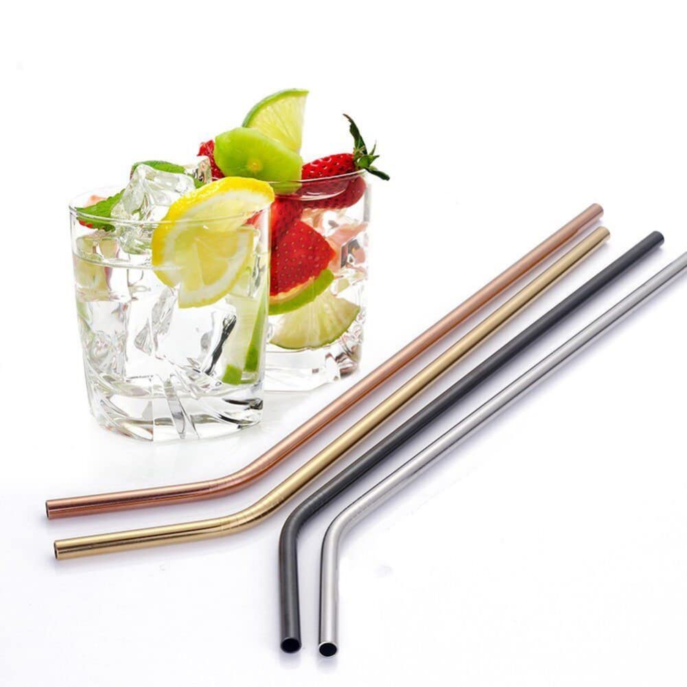 Reusable Stainless Steel Straws – Rose Gold Bent Drinking Straws With Brush