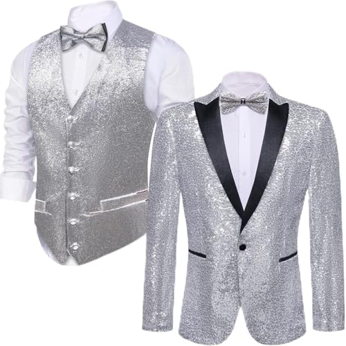 Barry.Wang Mens Sequins Blazer Shiny Vest Waistcoat Bowtie Set Sparkle Dress Suit Jacket Cocktails Shiny Metallic Disco Dance Party Tuxedo Homecoming 4pcs XXXL
