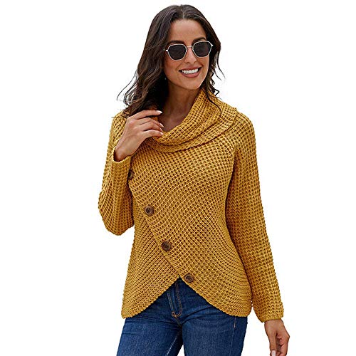 Women's Button Turtle Cowl Neck Sweater Asymmetric Hem Wrap Knitted Pullover Casual Jumper Tops