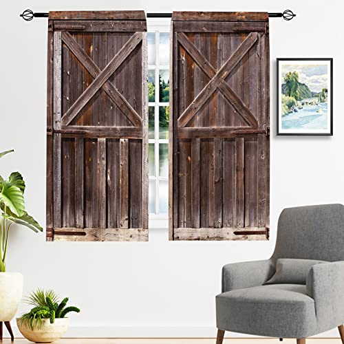 Anhope Rustic Curtains Rod Pocket Wooden Barn Door Village Farmhouse Western Country Farm Retro Woods Vintage Print Pattern Window Drapes For Cafe Living Room Bedroom Closet W52 X L84 Inch 2 Panels #TOP2