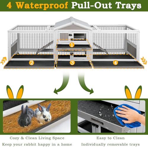 PetsCosset Double Rabbit Hutch Outdoor Indoor Large Bunny Cage with Dual Side Runs, 2-Story Wooden Hutch with 4 Leak Proof Trays, 8 Wheels, Waterproof Roof, Ramp, for Small to Medium Animals - Image 3