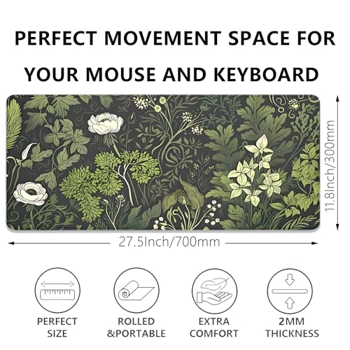 Sage Green Floral and Plant Desk Pad Mouse Pad,Large Gaming Mouse Mat