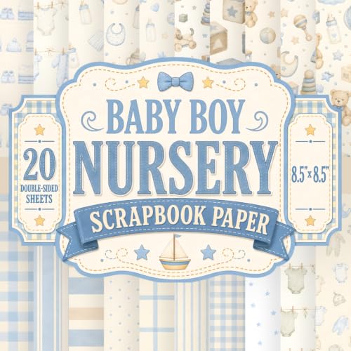 Baby Boy Nursery Scrapbook Paper: 20 Double-Sided Sheets, 20 Unique Designs, 8.5" x 8.5" Soft Blue Watercolor Nursery Craft Pad For Junk Journal, Gift ... in Powder Blue and Cream For Baby Showers image 2