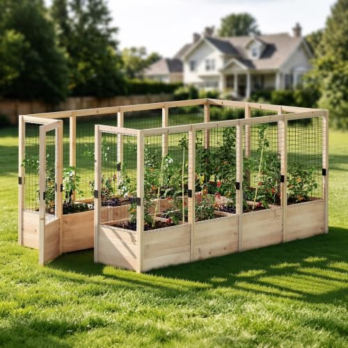 AMERLIFE U-Shape Raised Garden Bed, 9 Grids Wooden Planter with Proof Fence