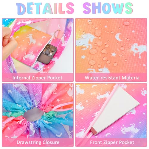 Drawstring Backpack String Bag for Kids, Girls Gym Sackpack Cinch Water Resistant Nylon for Gym Shopping Swimming Sport Yoga, Unicorn3