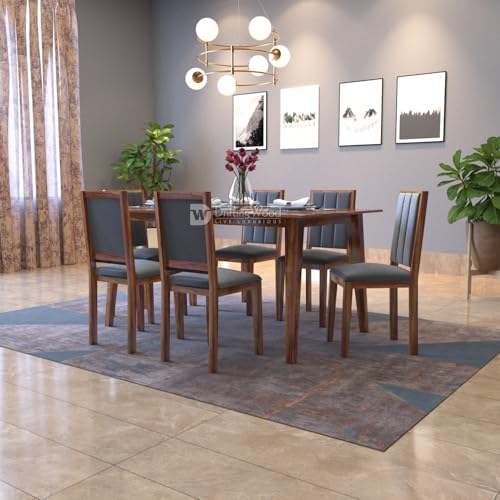 Image of DRIFTINGWOOD Tiya Dining Table 6 Seater | Six Seater Dinning Table with 6 Chairs in Gray Cushions for Home | Rosewood, Honey Finish, Self Assembly(DIY)