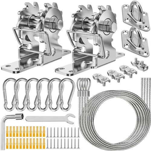 HYASIA Shade Sail Hardware Kit with Ratchet Winch Heavy Duty 304 Stainless Steel Windproof Sun Shade Tension Kit for Rectangle Triangle Canopy For Outdoor Patio Garden Vendor(Winch + 4Pcs Wire Rope)
