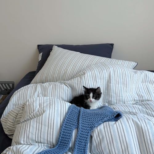 Image of Nayoroom Striped Duvet Cover Queen Size Blue White Striped Duvet Cover Aesthetic Dorm Bedding Set 3 Pieces Soft Lightweight Microfiber Farmhouse Bedding Set Gifts for Women Men
