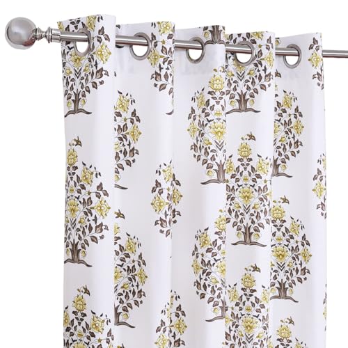 Image of Homestan 100% Pure Cotton Long Door Curtains 9 Feet Long Set of 1, Block Print Canvas Screen for Door for Home Decor (Flower Plant - Yellow)