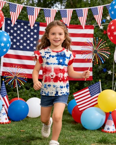Image of Toddler Girls July 4th Shirts American Flag Ruffle Short Sleeve Patriotic Red White Blue Star Outfits Blouse Tops