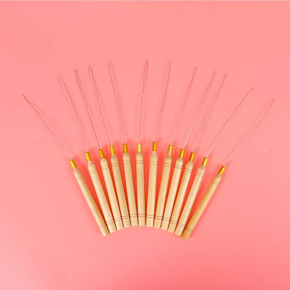 Wooden Crochet Hair Extension Hook Tool with Metal Needle Comfortable Anti-Slip Handle Hair Braiding and Loop Threader