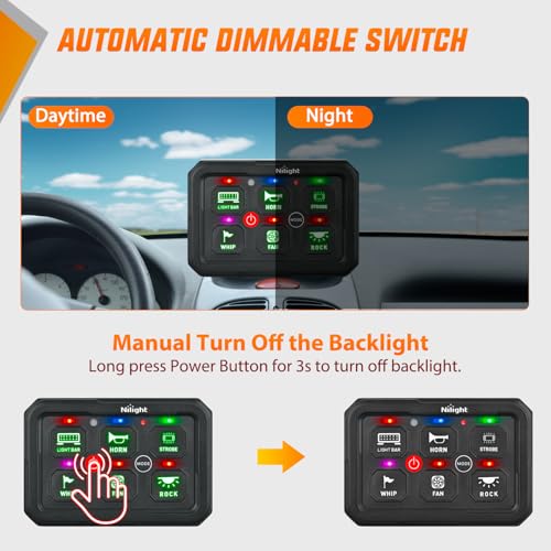 Image of Nilight 6 Gang Switch Panel Green 12V 60A Circuit Control System 4-Mode | Fuse Wiring Harness Automatic Dimmable LED Pod Toggle /Momentary /Strobe /Flash Modes for Car Pickup Truck Camper SUV