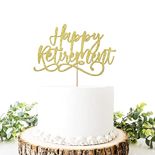 Gold Glitter Happy Retirement Cake Topper, Official Retirement Themed Birthday Party Cake Decorating Supplies #TOP2
