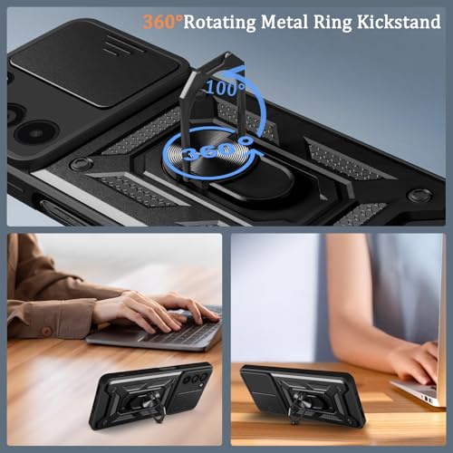 Image of Casodon Heavy Duty Back Case Cover for Redmi 15 5G, Shockproof Redmi 15 Back Cover, Ring Case with Kickstand and Camera Protection Shutter - Black