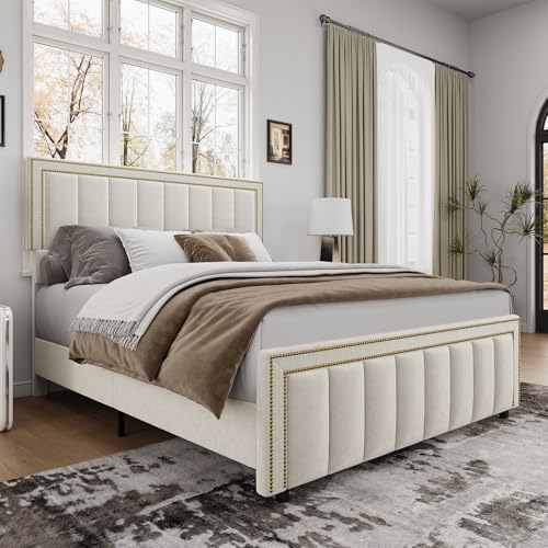 Image of BarnFurin Full Size Bed Frame with 50 inch Tall Headboard and Footboard, Chenille Upholstered Bed Frame, Vertical Channel Tufting with Nailhead Trim, No Box Spring Needed, Easy Assembly, Beige