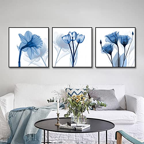 Art mural fleurs bleues abstrait grand format pour chambre et salon moderne