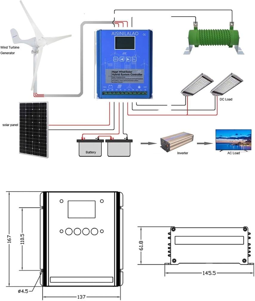 Regolatore di carica ibrido MPPT da 10000 W per energia eolica e solare, 12 V/24 V/48 V, adattivo e automatico, per generatori eolici e pannelli solari.