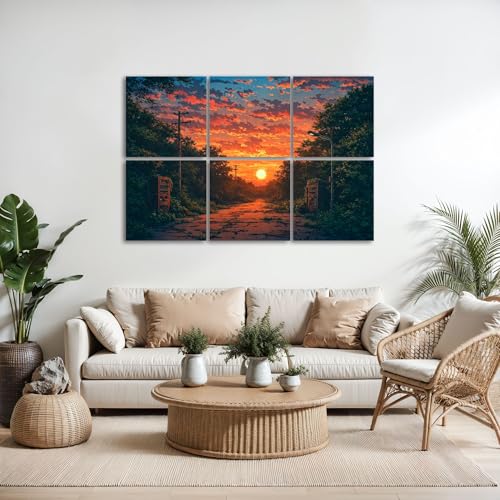 6 Paneles Acústicos Artísticos Pack Sunset Overgrown Road Greenery Líneas Eléctricas Verde Absorbentes de Sonido Auto adhesivos para Estudios de Grabación en Casa 72"x48" miniatura 5