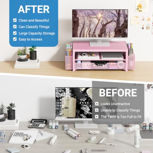 Image of OPNICE Desk Organizers and Accessories, Computer Monitor Stand Riser with Drawer and 2 Pen Holders, Printer & Laptop Stand, Office Desk Accessories & Workspace Organizers for Home Office Supplies, Metal Pink