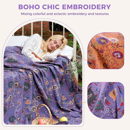 Image of LUTBM Boho Throw Blanket for Bed 60 inchx80 inch, 100% Cotton Purple Couch Blankets