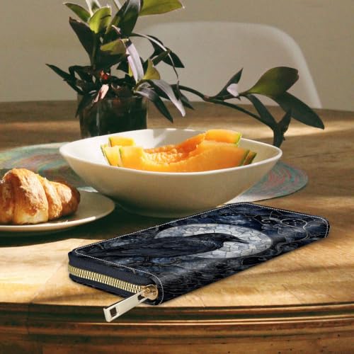 Image of Women's Wallets Credit Card Holder Money Leather Long Wallet | Long wallet with Wristlet,Large Capacity with Zip-Around Phone Purse for Women Ladies Girls,Crow Moon