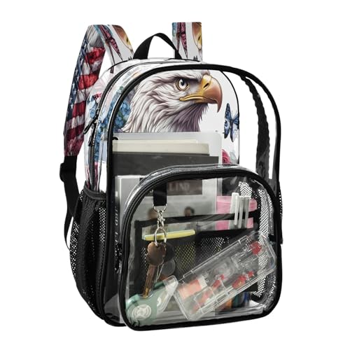 American Flag Bird Butterfly Flower Clear Backpack Heavy Duty See Through Transparent PVC BookBag for Kids Boy Girl School Work2