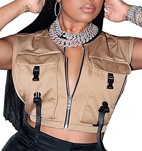 UATKIMI Women's Sleeveless Crop Vest Buckle Zip Up Jacket Cargo Tops with Pockets