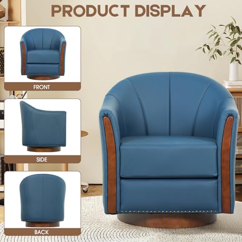 Image of 360 Swivel Accent Chair, Modern Leather Barrel Club Chair with Leather Upholstery and Sturdy Wood Base, Comfortable Armchair for Living Room, Bedroom, Reading Nook, Blue