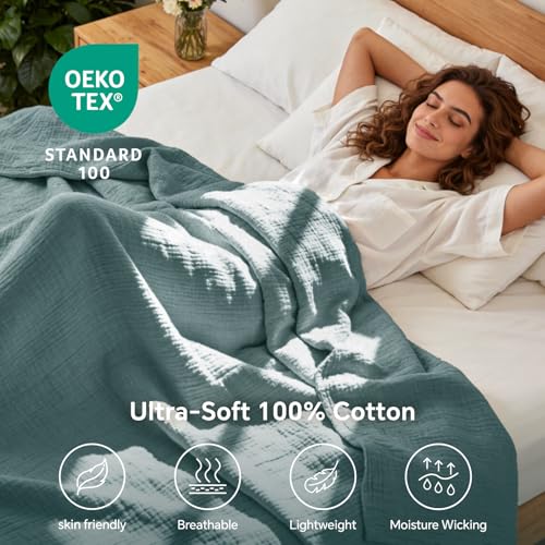 BEDELITE 100% Cotton Muslin Blanket for Adults, Breathable, Teal, 50"x70" - image 3