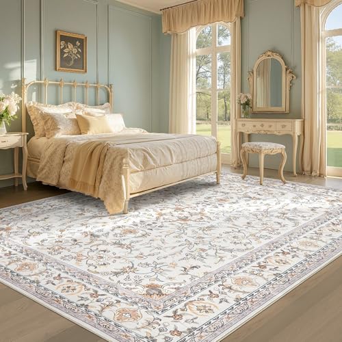 Tortania Area Rug Living Room Rugs - 9x12 Washable Boho Rug Vintage Oriental Distressed Farmhouse Large Thin Indoor Carpet for Living Room Bedroom Under Dining Table Home Office - Floral Beige