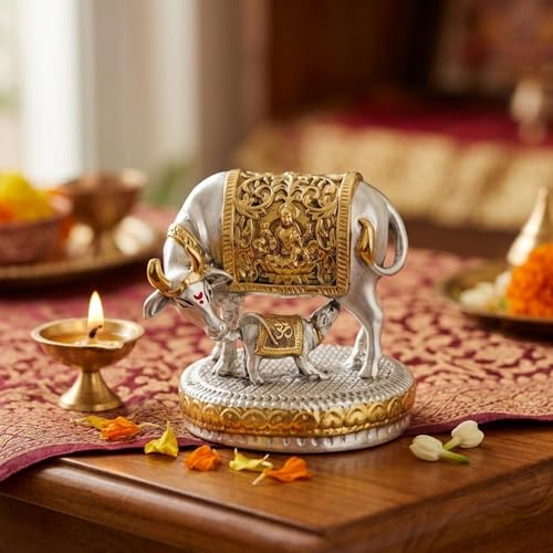 Image of eCraftIndia Silver Golden Plated Kamdhenu Cow with Calf Idol | Auspicious Vastu Home Decor for Pooja Room and Mandir | Cow and Calf Statue Gift for Diwali Krishna Janmashtami Housewarming Birthday