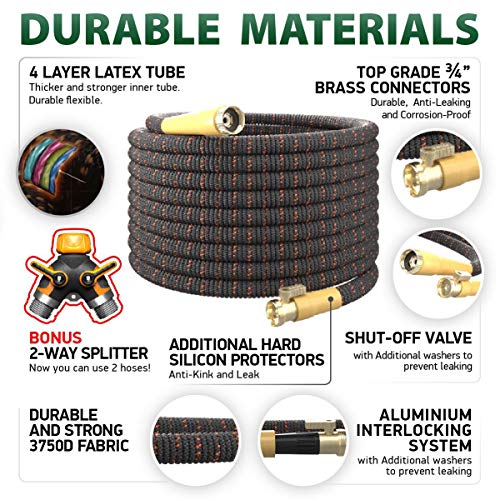 Expandable Garden Hose Kit 50-100 ft - Superior Strength 3750D - 4-Layers Latex, Extra-Strong Brass Connector- 10-Way Durable Zinc Water Spray Nozzle 2 Way Pocket Flexible Splitter (100FT SET) - Thumbnail 5