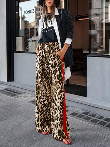 LIWEIKE Women's Leopard Print Pants Drawstring Color Block Side Striped Pants Y2K Cheetah Wide Leg Trousers with Pockets4