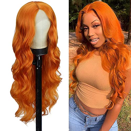 Miss Diva 13×4 Lace Area Orange Wavy Lace Front Wig Ginger Wigs Colored Wavy Wigs Free Part Halloween Synthetic Lace Front Wig 24" With Dark Root For Women
