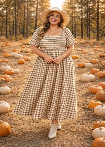 Image of RITERA Plus Size Dresses for Curvy Women Square Neck Short Sleeve Summer Floral Smocked Maxi Dress with Pocket XL-5XL